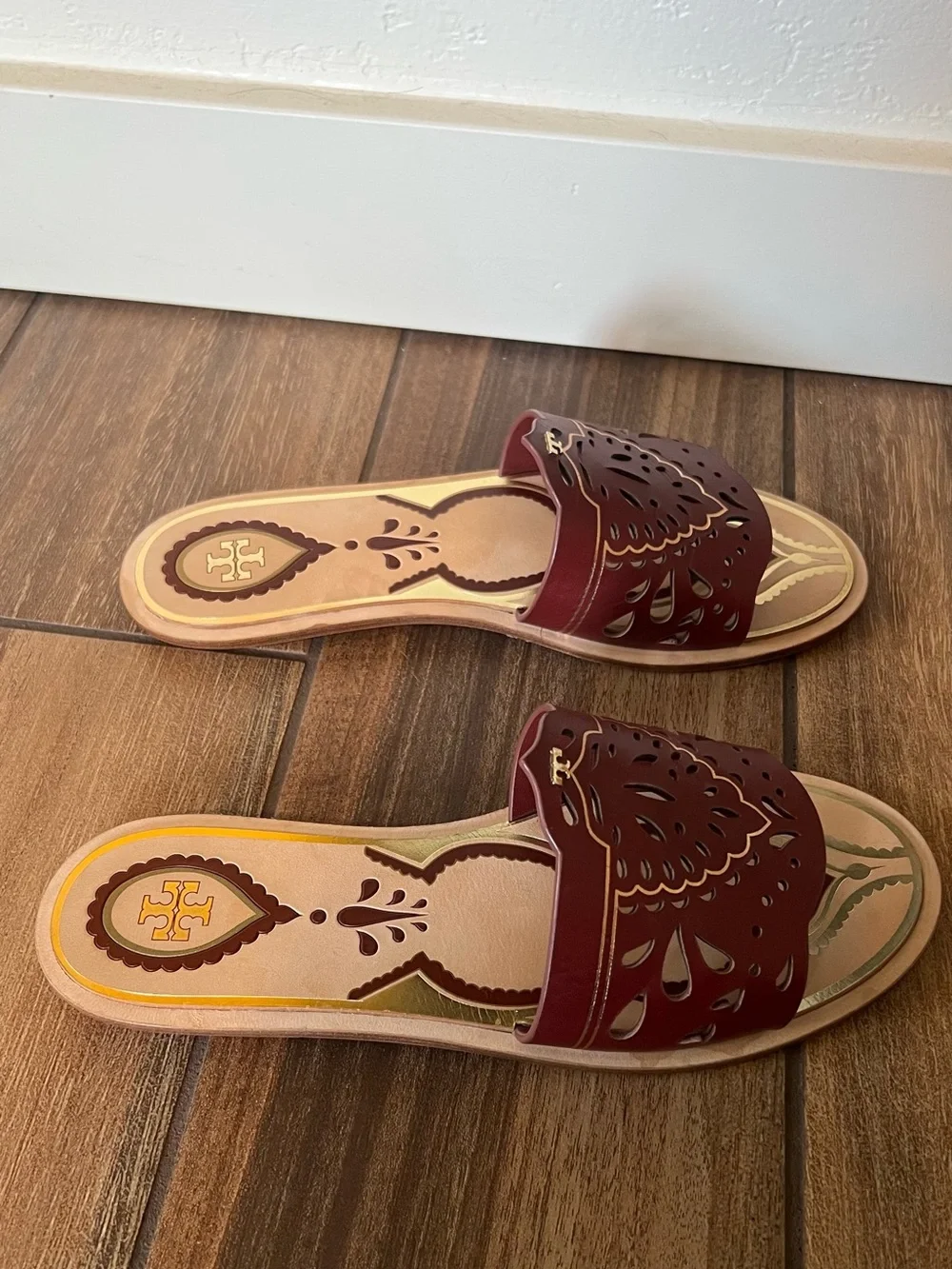 Tory Burch Burgundy Laser-Cut Leather Slide Mules